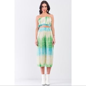 Blue Blush Green & Blue Acid Wash Pleated Matching Tube Top & Pants Set